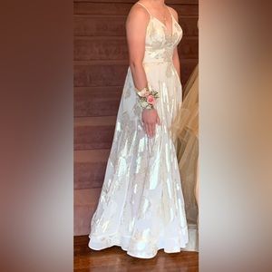 Ivory and Gold prom dress with golden rose embroidery; Size 8; brand: La Femme